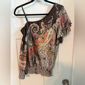 A. Byer One-Shoulder Paisley Blouse in Brown, Coral and Olive